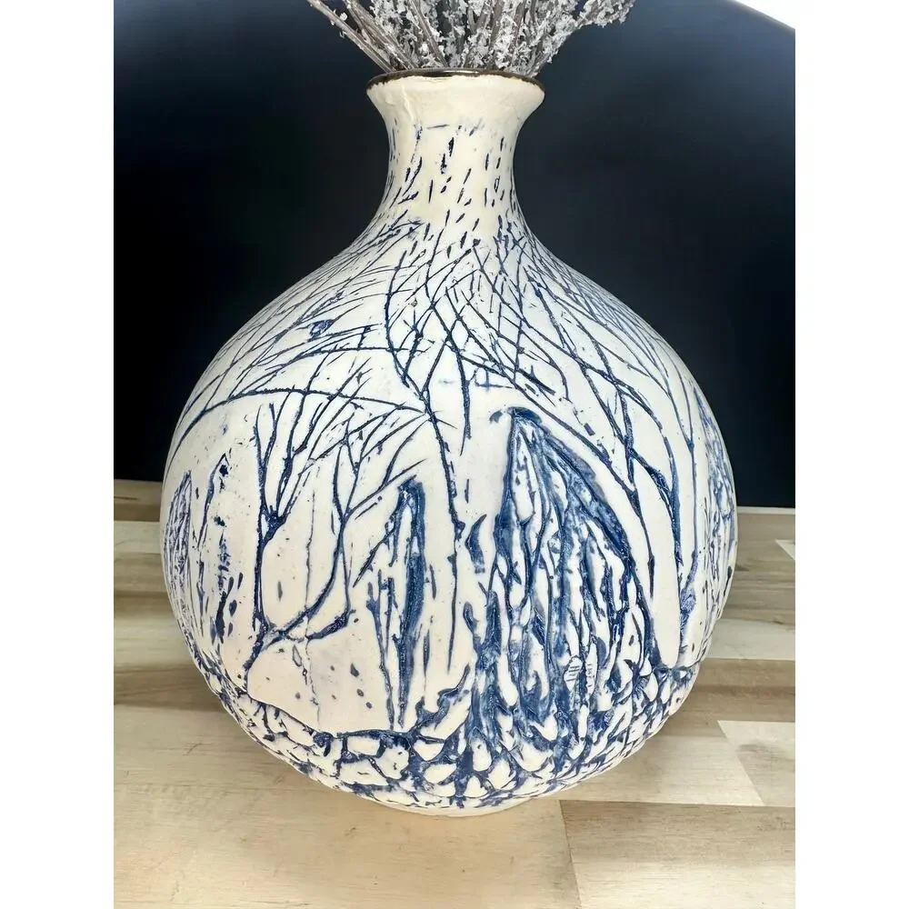 Large Studio Pottery Vase Blue White Textured Forest Trees Cottagecore Décor 11”
